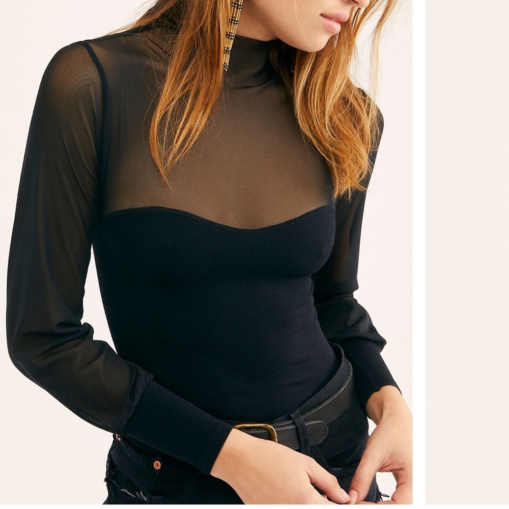 Free People Light up Layering top sheer mesh mock neck black seamless XS/S